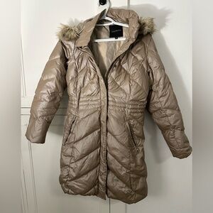 Talbots Women's Brown Puffer Coat with Faux Fur Hood